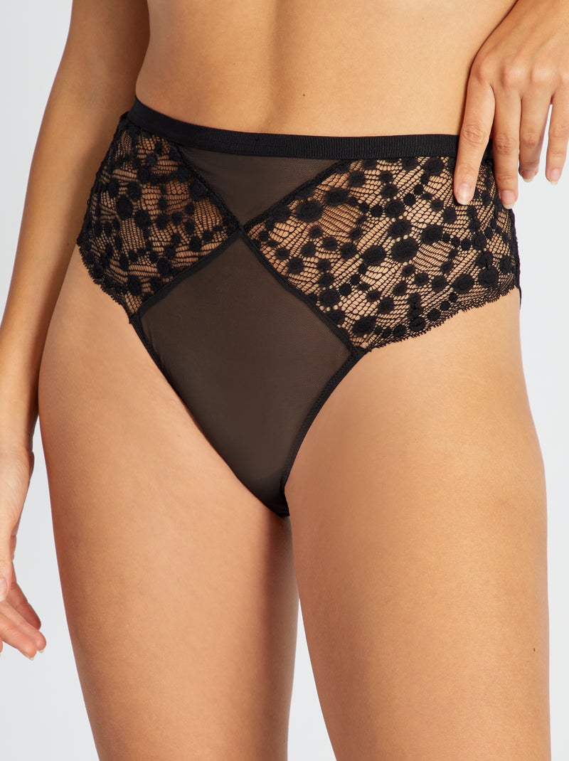 Tanga en dentelle et tulle noir - Kiabi
