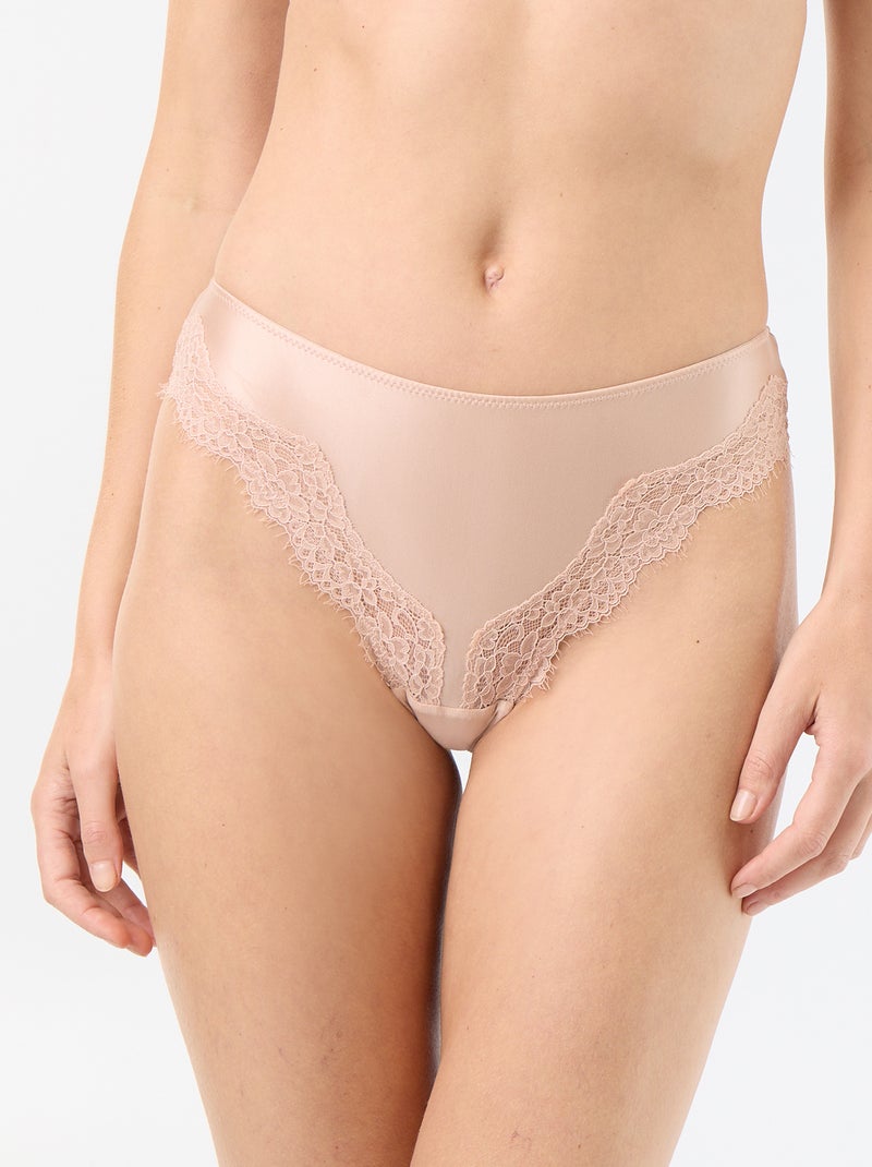Tanga en microfibre satinée et dentelle Rose - Kiabi