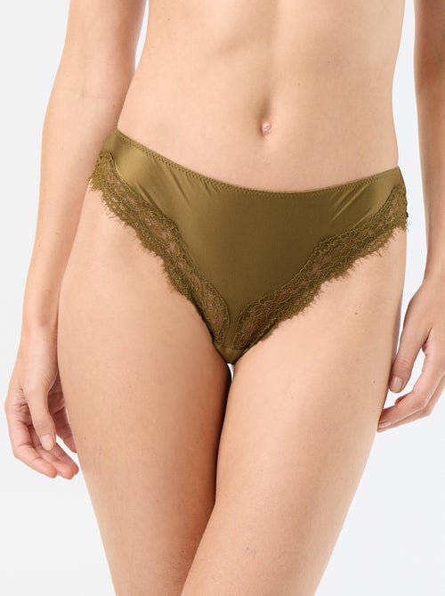 Tanga en microfibre satinée et dentelle - Kiabi