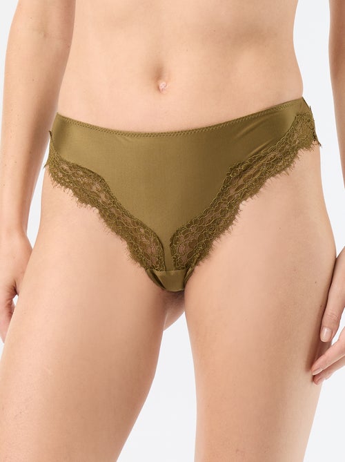 Tanga en microfibre satinée et dentelle - Kiabi