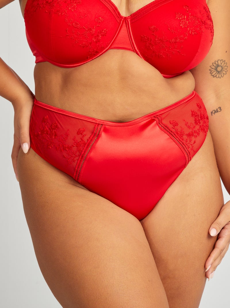 Tanga en satin et tulle brodé Rouge - Kiabi