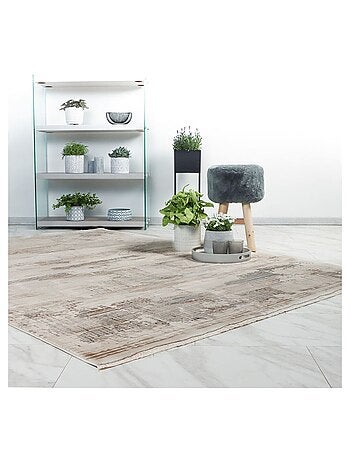 Tapis beige moderne avec franges rayé Nova