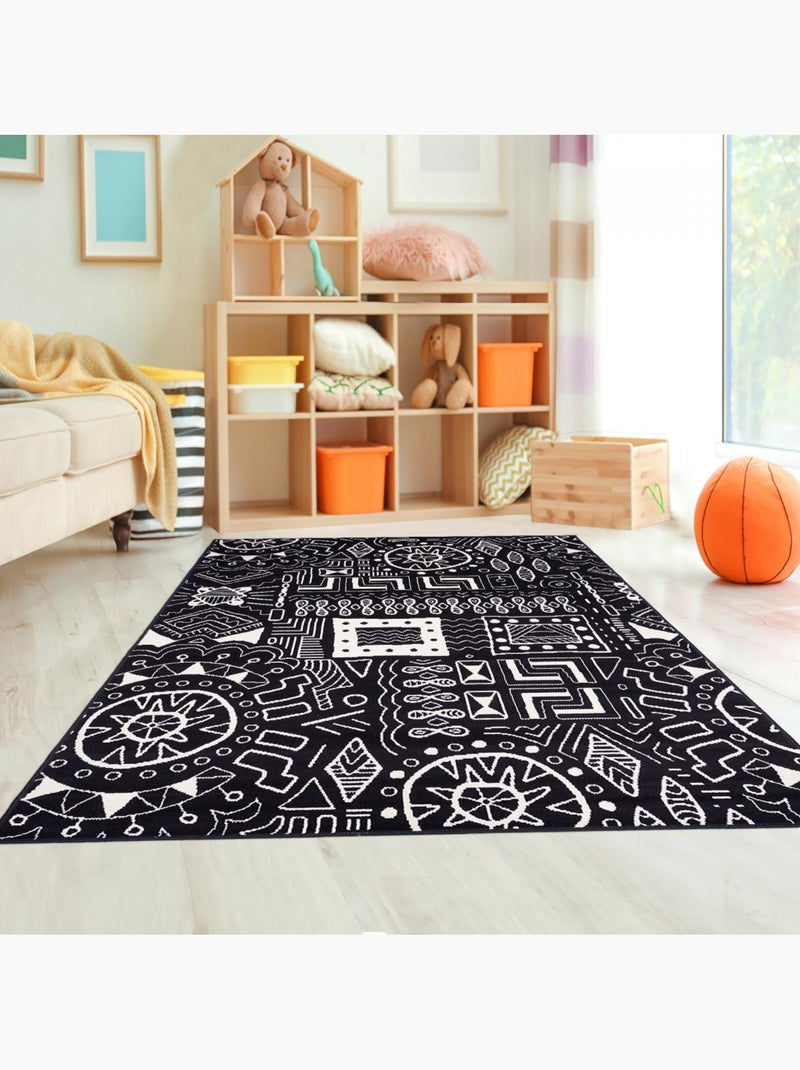 Tapis chambre tissé motif ethnique LYN1 MOTIF Noir - Kiabi