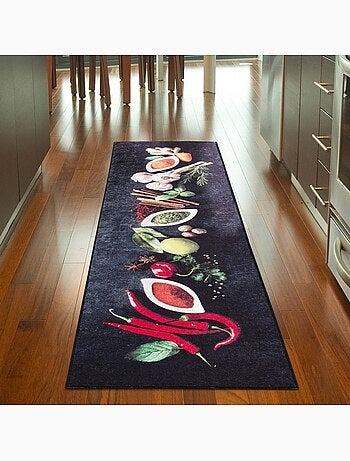 Tapis de Cuisine Antidérapant Motif Épices & Piments - 50x180 / Noir