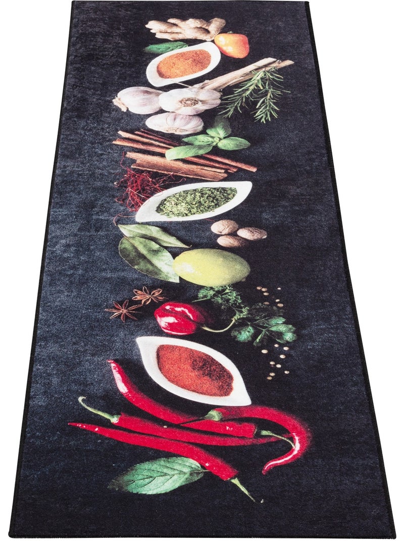 Tapis de Cuisine Antidérapant Motif Épices & Piments Noir - Kiabi
