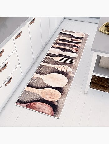 Tapis de Cuisine Antidérapant Motif Ustensiles Bois - 50x180 / Beige