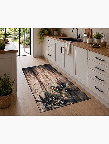 Tapis de Cuisine Antidérapant "Olives et Bois" - 65x180 / Marron