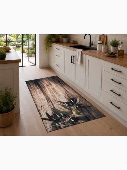 Tapis de Cuisine Antidérapant "Olives et Bois" - Kiabi