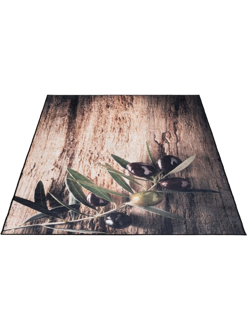 Tapis de Cuisine Antidérapant "Olives et Bois" Marron - Kiabi