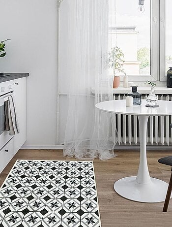 Tapis de cuisine motif carreaux de ciment LYN11 N&B