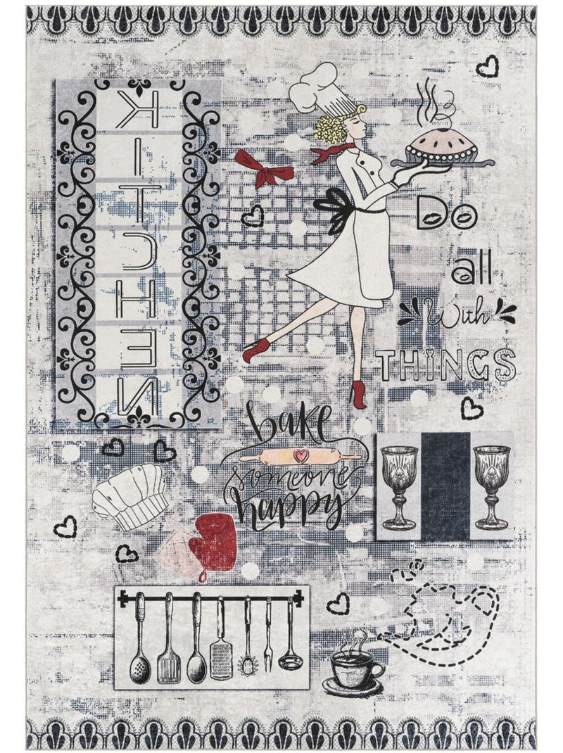 Tapis de cuisine, motif texte kilim tissé, lavable en machine lyn11 chef Gris - Kiabi