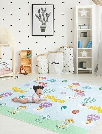 Tapis de jeu d’éveil pliable pour enfant bébé double face 2 en 1 Hot Air Balloons Fantasy Fields