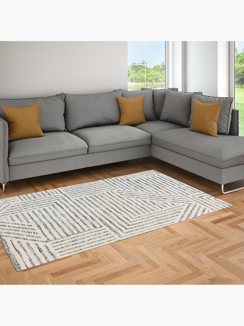 Tapis de séjour en coton tissé JIVE géométrique rétro 140 x 200 cm – Future Home Blanc Ecru Noir - Kiabi