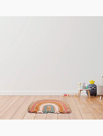 Tapis de séjour en jute arc-en-ciel rond et pompons de couleur 72 x 52 cm – Future Home