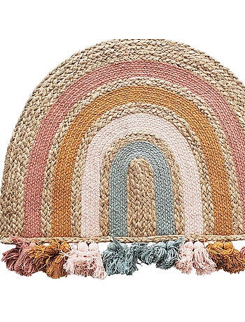 Tapis de séjour en jute arc-en-ciel rond et pompons de couleur 72 x 52 cm – Future Home