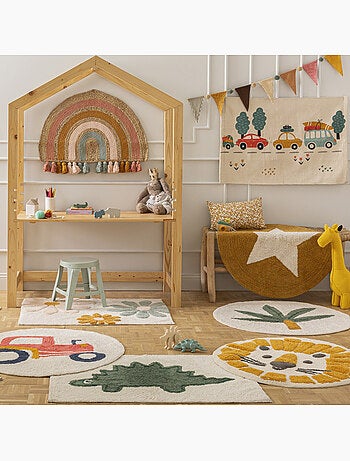 Tapis de séjour en jute arc-en-ciel rond et pompons de couleur 72 x 52 cm – Future Home
