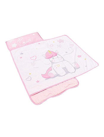 Tapis de sieste rose et blanc motif licorne facile à transporter