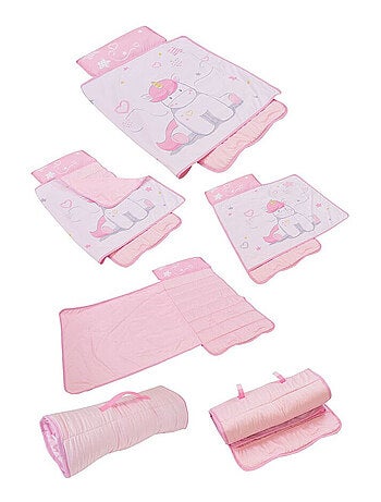 Tapis de sieste rose et blanc motif licorne facile à transporter