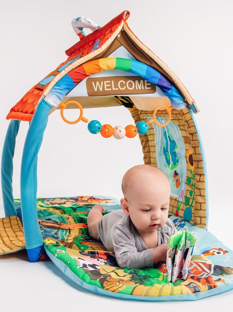 Tapis d'éveil bébé 2en1 LIONELO Agnes - Tapis plat avec bâtonnets et tapis avec maison - 137x138 cm Bleu Multicolore Bleu - Kiabi