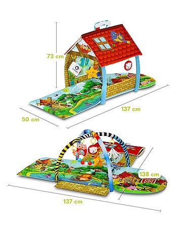 Tapis d'éveil bébé LIONELO Agnes 2en1 - Tapis plat avec bâtonnets et tapis avec maison - 137x138 cm
