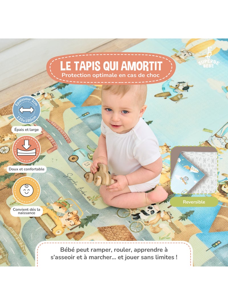 Tapis d'éveil pliable en mousse, réversible et imperméable - 180x120x1 - PTEROGLYPHE | SUPERBE BEBE Marron - Kiabi