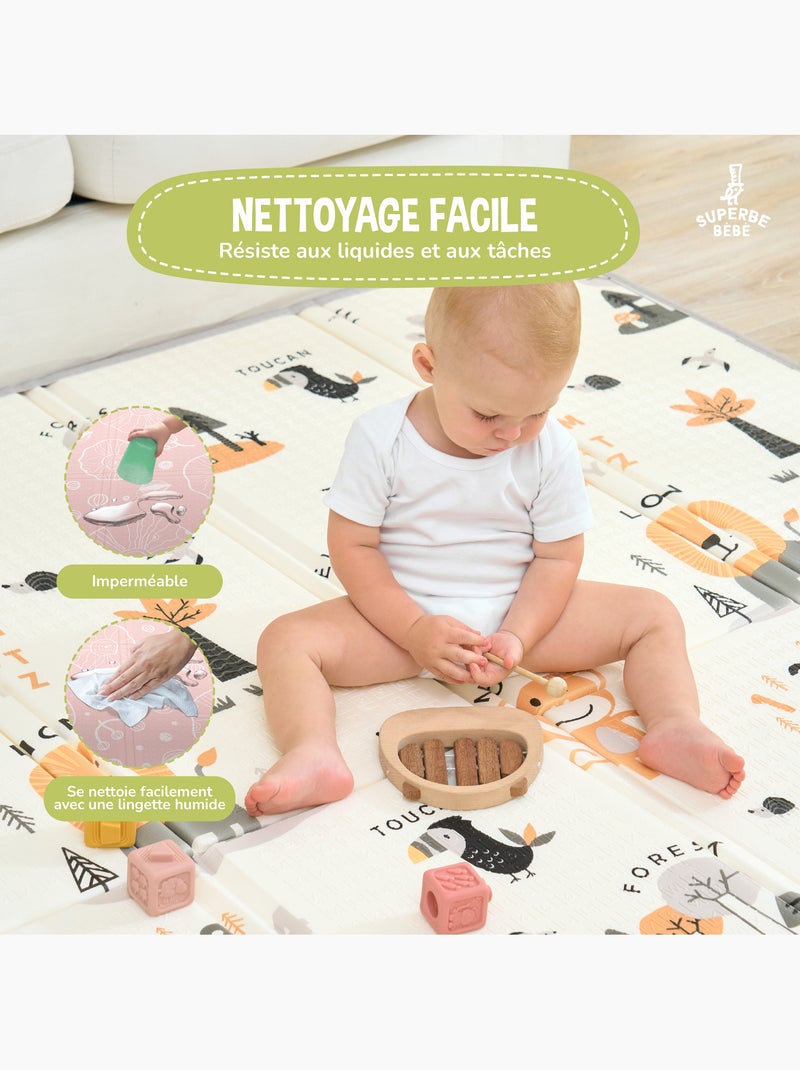 Tapis d'éveil pliable en mousse, réversible et imperméable - 180x150x1 - JUNGLE | SUPERBE BEBE Blanc Vert clair Bleu - Kiabi