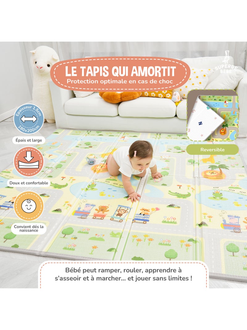 Tapis d'éveil pliable en mousse, réversible et imperméable - 180x150x1 - ROAD | SUPERBE BEBE Blanc Vert clair - Kiabi