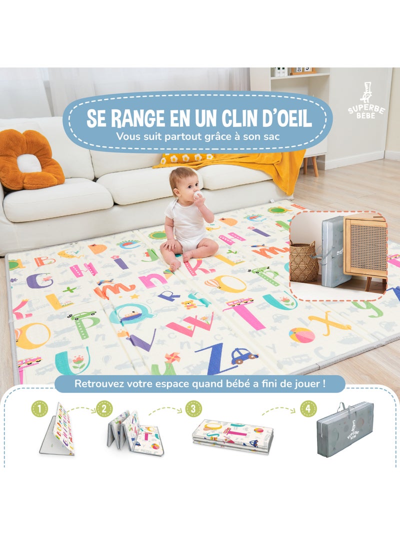 Tapis d'éveil pliable en mousse, réversible et imperméable - 200x180x1,5 - SAVANNAH | SUPERBE BEBE Blanc Rose Bleu - Kiabi