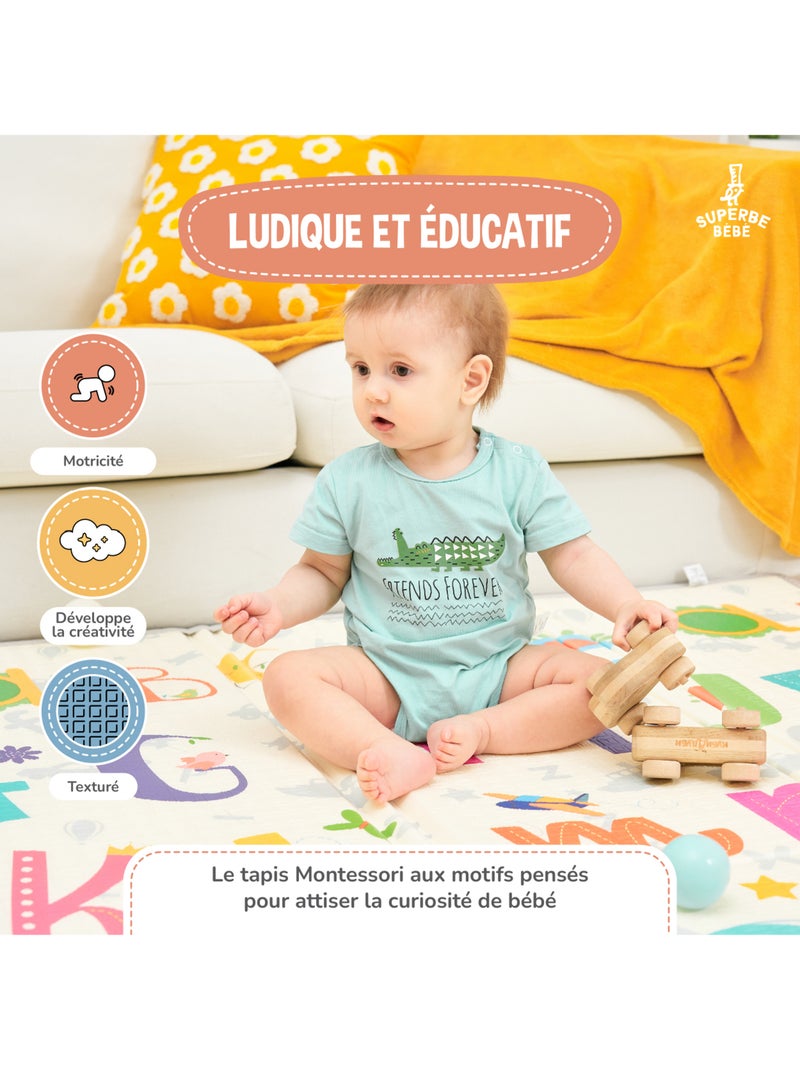 Tapis d'éveil pliable en mousse, réversible et imperméable - 200x180x1,5 - SAVANNAH | SUPERBE BEBE Blanc Rose Bleu - Kiabi