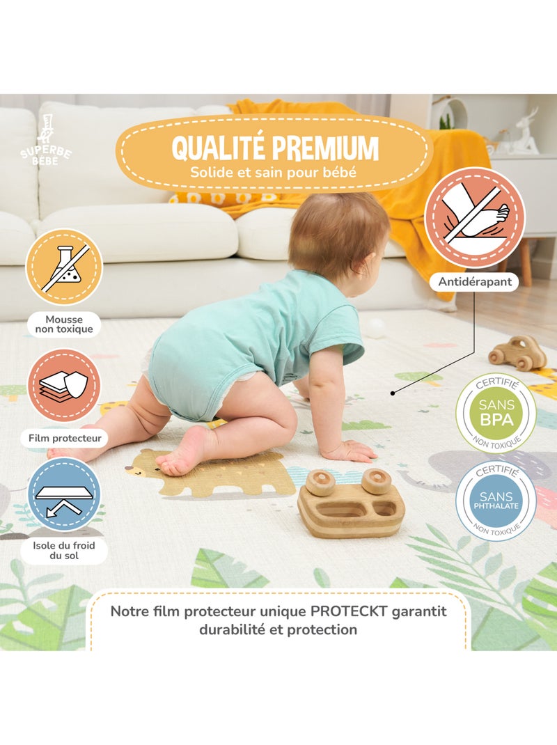 Tapis d'éveil pliable en mousse, réversible et imperméable - 200x180x1,5 - SAVANNAH | SUPERBE BEBE Blanc Rose Bleu - Kiabi