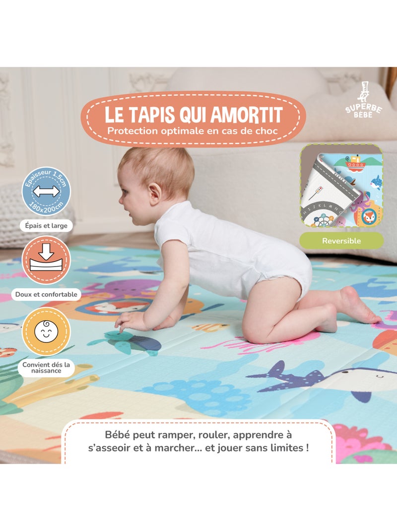 Tapis d'éveil pliable en mousse, réversible et imperméable - 200x180x1,5 - SEA | SUPERBE BEBE Bleu outremer - Kiabi