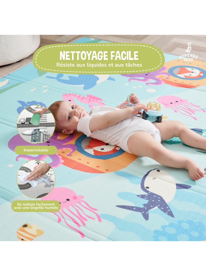 Tapis d'éveil pliable en mousse, réversible et imperméable - 200x180x1,5 - SEA | SUPERBE BEBE Bleu outremer - Kiabi