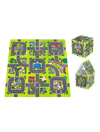 Tapis D'eveil Tapis Puzzle pour Bébé 90*90 - 9 Pièces en Mousse EVA, Circuit Voiture
