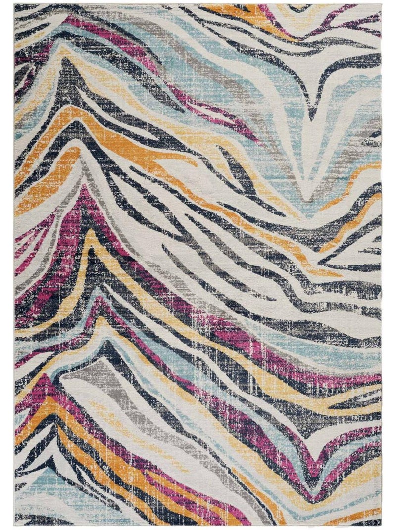 Tapis d'orient motif géométrique ondulé poils ras entretien facile. Ecru - Kiabi