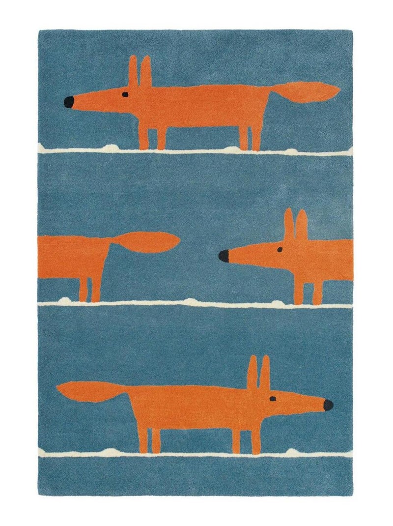 Tapis enfant fait à la main en laine MR FOX Bleu - Kiabi