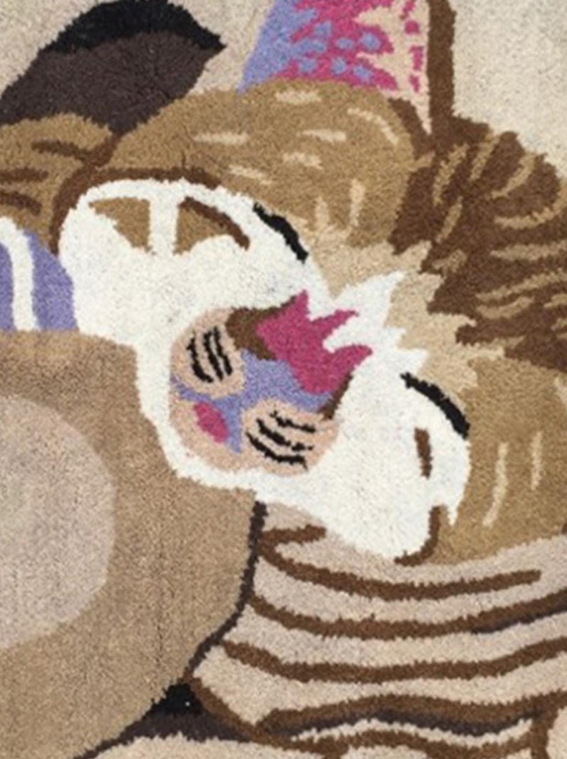 Tapis enfant fait main en laine motif animaux CHAT Beige - Kiabi