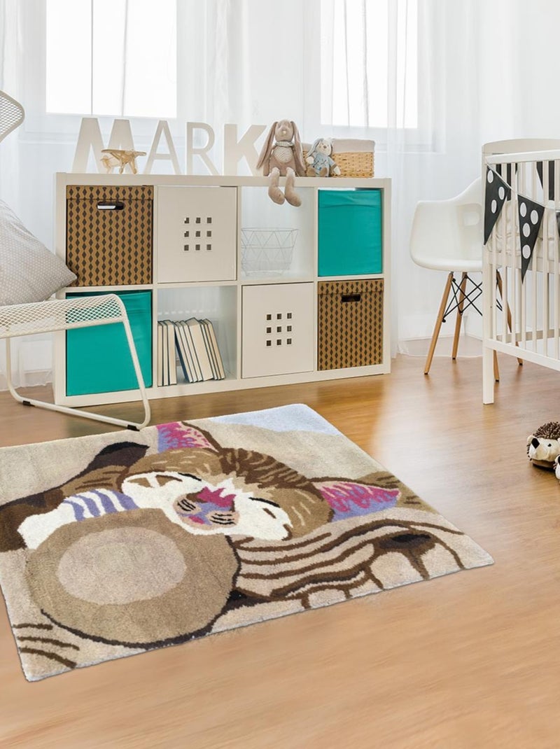 Tapis enfant fait main en laine motif animaux CHAT Beige - Kiabi