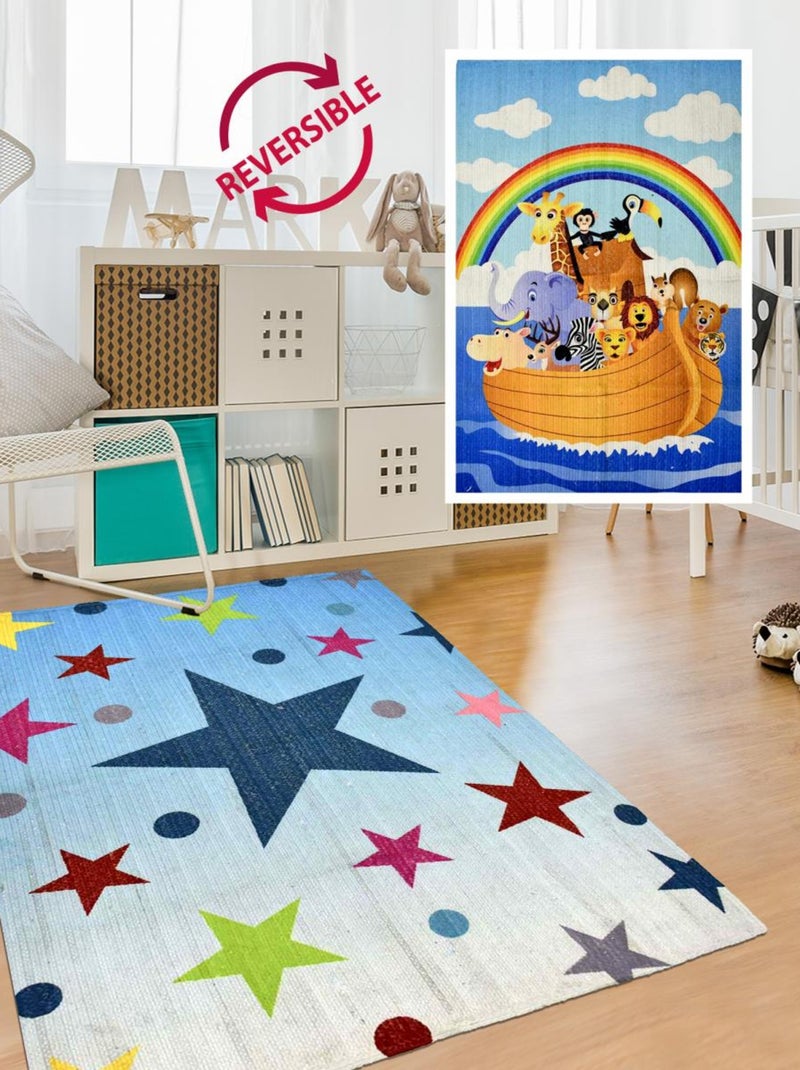 Tapis enfant, kilim reversible fait à la main ETOILE Blanc Mauve Noir - Kiabi