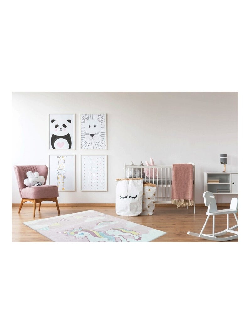 Tapis Chambre Enfant Licorne Arc-en-ciel 3D - 100x150 Cm Rose/blanc - Flanelle Douce Antidérapante - Décoration Moderne