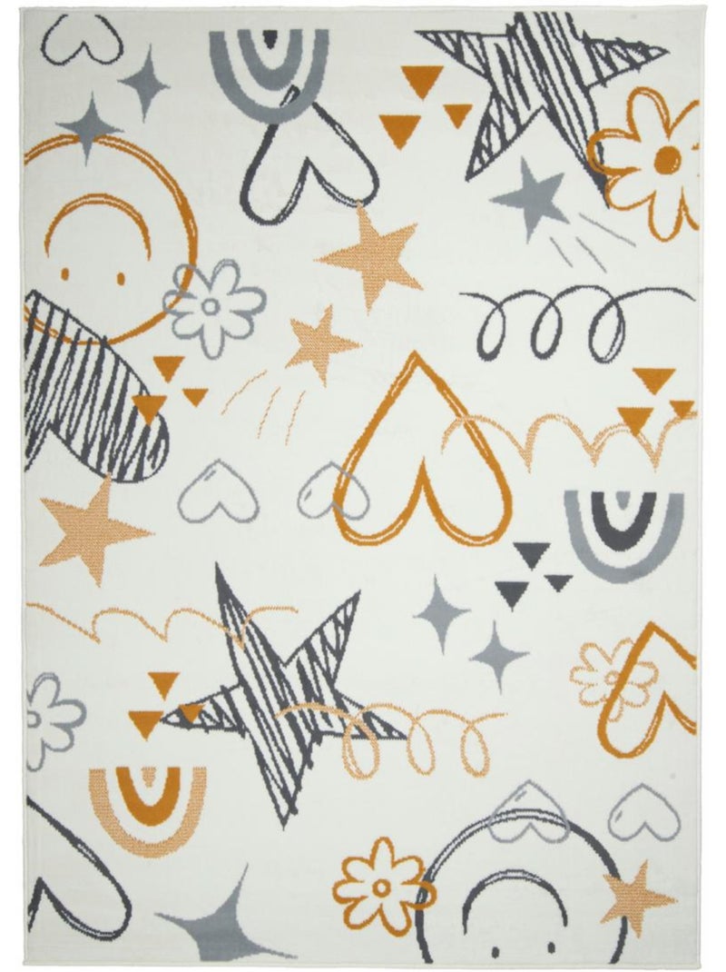 Tapis enfant lyn49 kid, motifs ludiques étoiles et cœurs Ecru - Kiabi