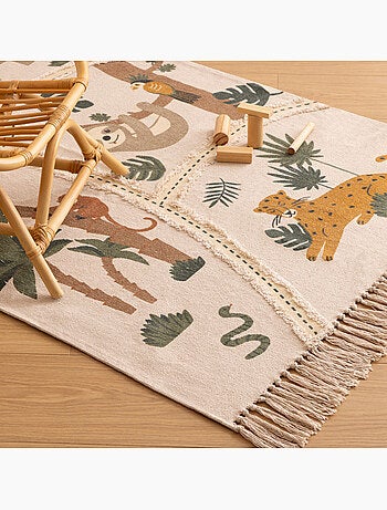 Tapis enfant rectangulaire en coton frangé à motif animaux vana