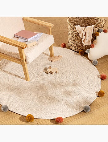 Tapis enfant rond à pompons en coton arlequin