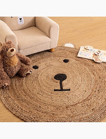 Tapis enfant rond en jute forme tête d'ourson tome