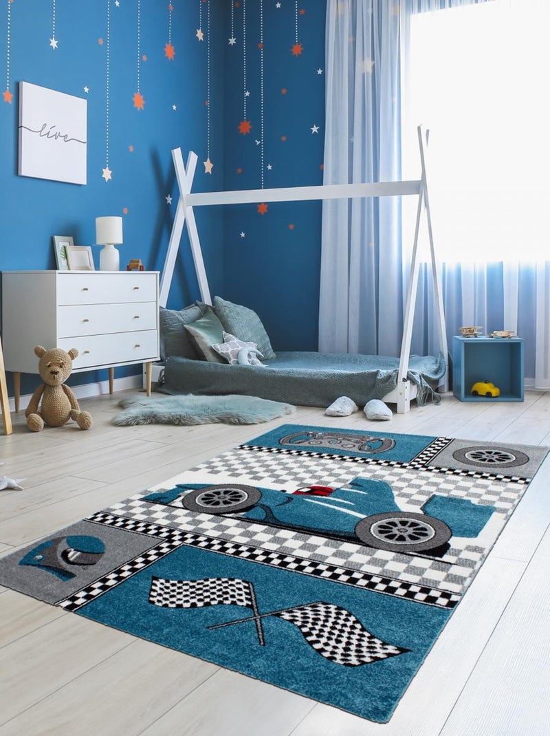 Tapis enfant tissé KID RACE Bleu - Kiabi