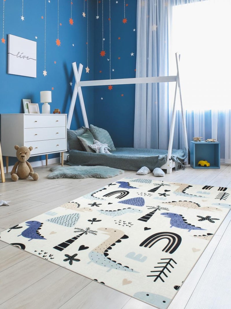 Tapis enfant tissé motif animaux DINO Blanc Mauve Noir - Kiabi