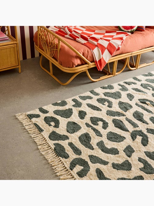 Tapis intérieur coton motif tacheté vert foncé avec franges Glen - Kiabi