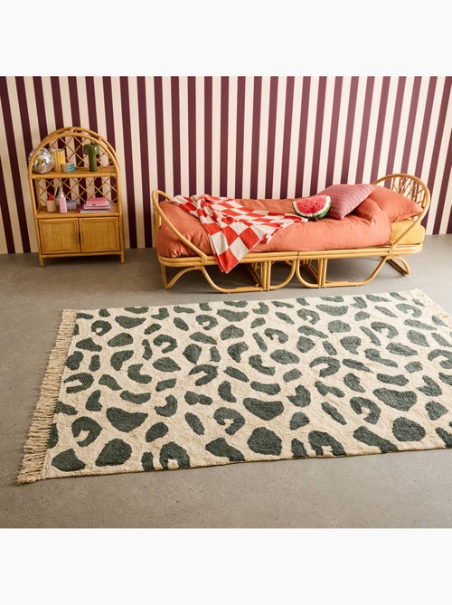 Tapis intérieur coton motif tacheté vert foncé avec franges Glen - Kiabi
