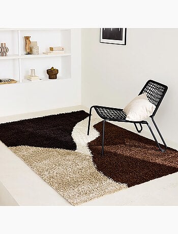 Tapis intérieur shaggy motifs géométriques beige, marron, noir Omar