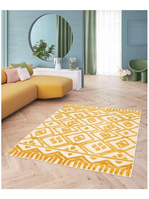 Tapis jaune intérieur et extérieur effet 3D ethnique Nelle - Kiabi