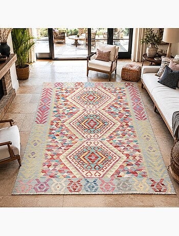 Tapis kilim au motif ethnique, tissé à plat en laine naturelle